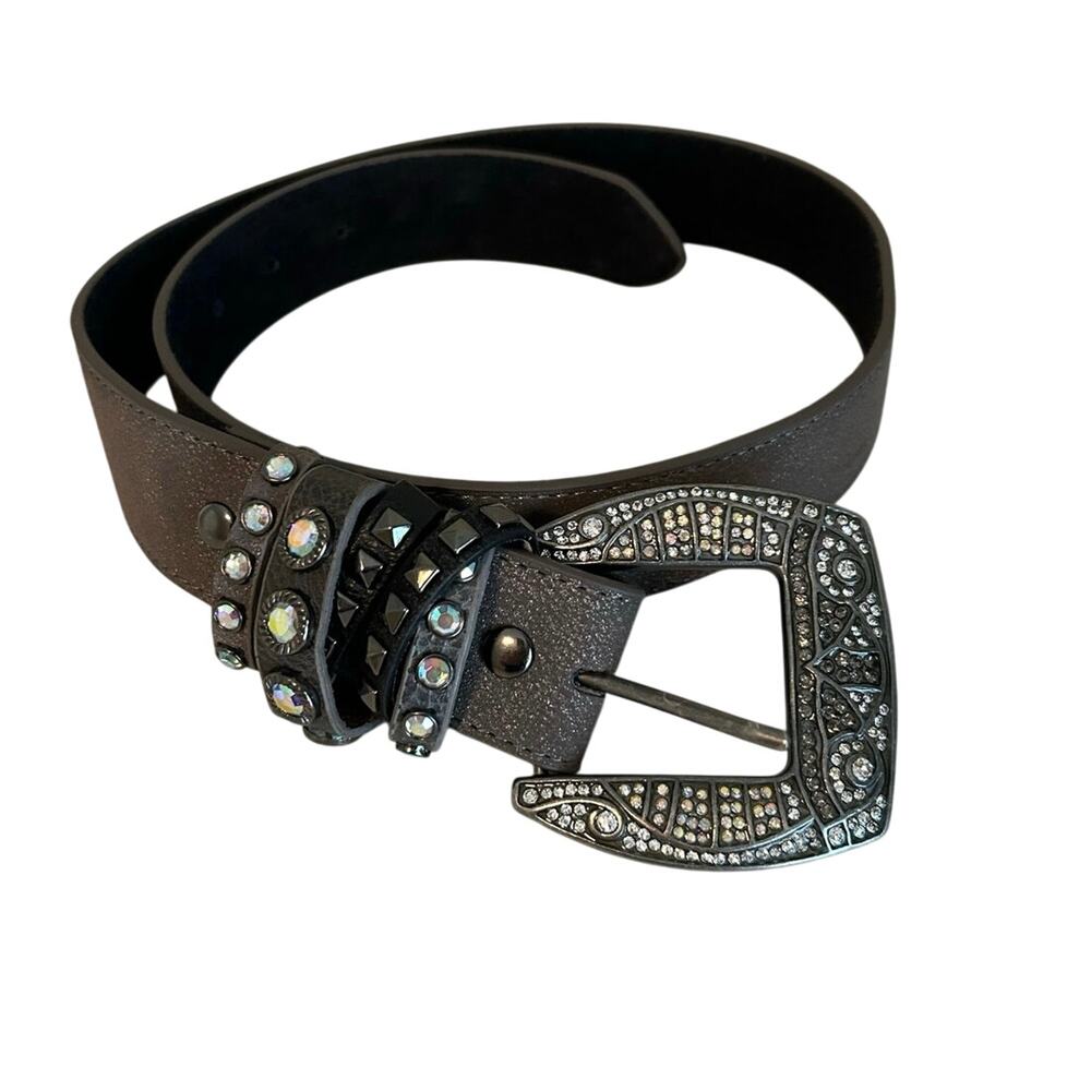 Glitter Pewter Rhinestone Western Leather Belt, Sz S
